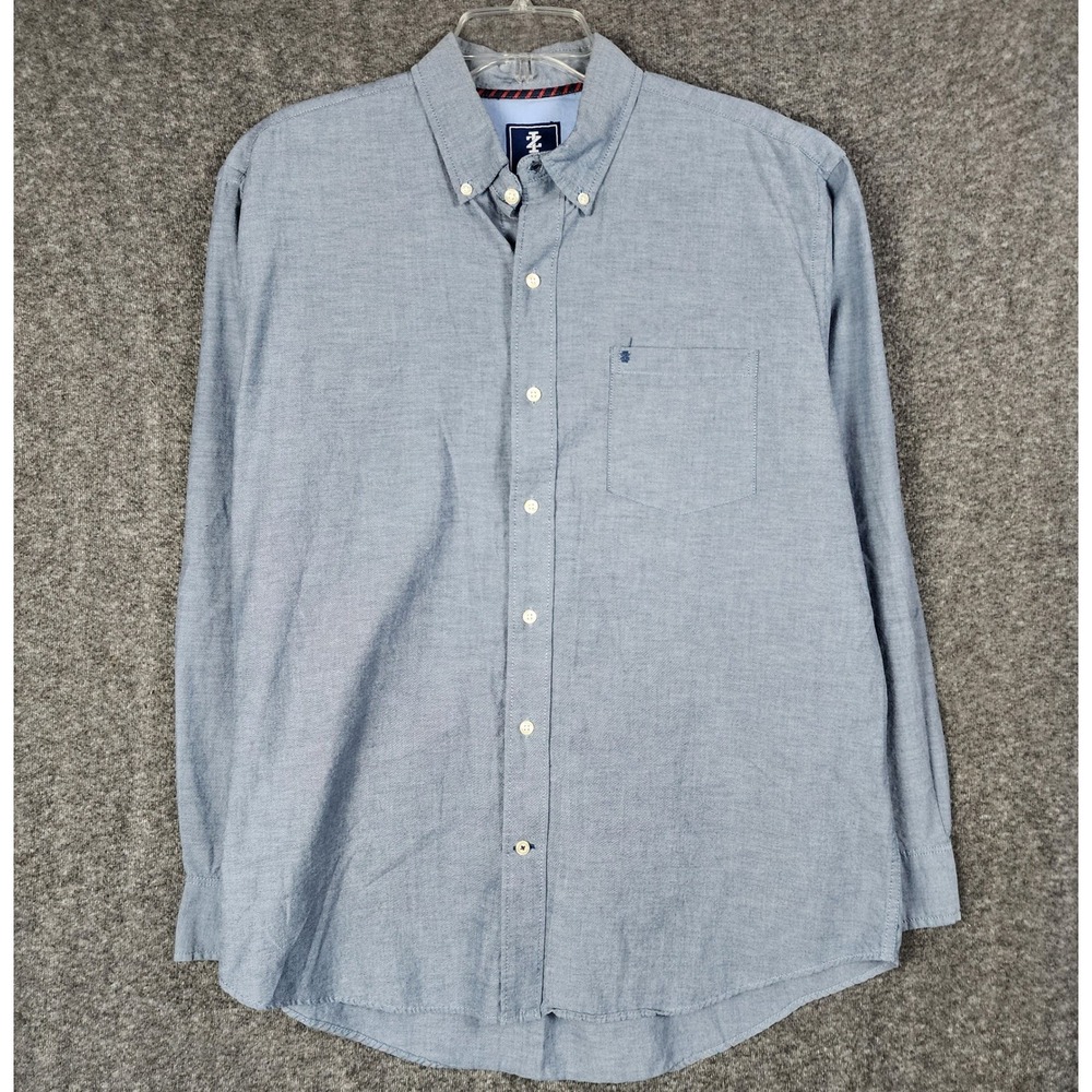 Izod Shirt Mens L Button-Down Blue Long Sleeve Cotton Solid EUC